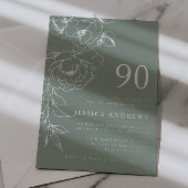 Sage & Silver Floral Line Art 90th Birthday  箔招待状