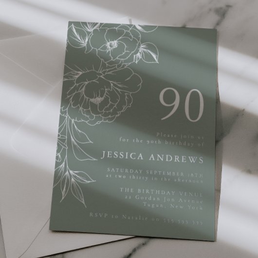 Sage & Silver Floral Line Art 90th Birthday  箔招待状