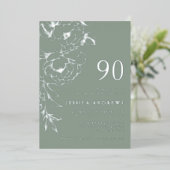 Sage & Silver Floral Line Art 90th Birthday  箔招待状 (立ち正面)