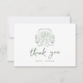 Sage Sketched Just Married Car Couples Monogram サンキューカード (正面)