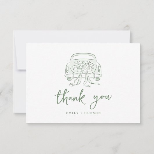 Sage Sketched Just Married Car Couples Monogram サンキューカード (正面)