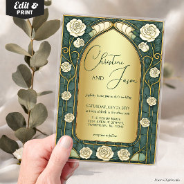 Sage Stained Glass Floral Art Nouveau Wedding  アクリル招待状