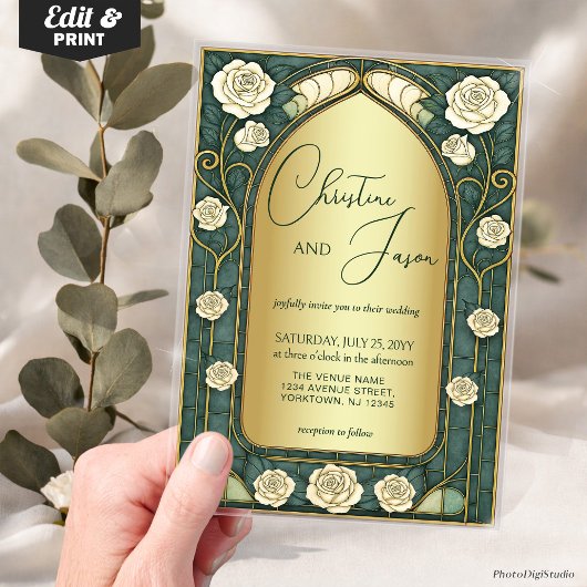 Sage Stained Glass Floral Art Nouveau Wedding  アクリル招待状