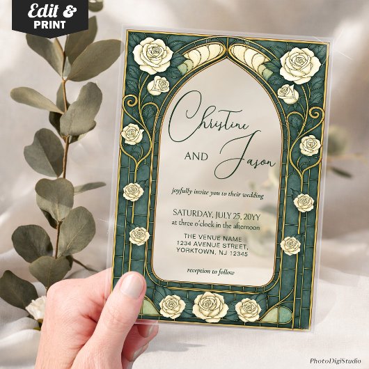 Sage Stained Glass Floral Art Nouveau Wedding  アクリル招待状