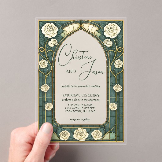 Sage Stained Glass Floral Art Nouveau Wedding  アクリル招待状 (インサイチュ (ポータブル))
