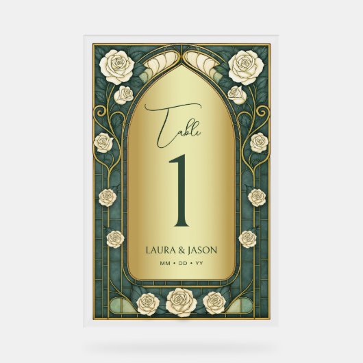 Sage Stained Glass Floral Wedding Table Number アクリルサイン (正面)