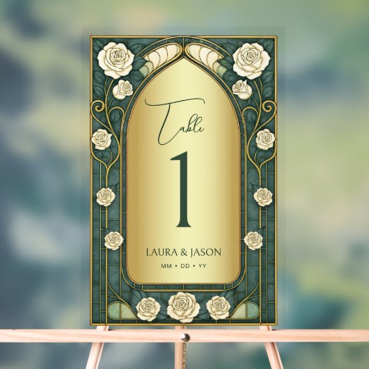 Sage Stained Glass Floral Wedding Table Number アクリルサイン (ニュートラル)