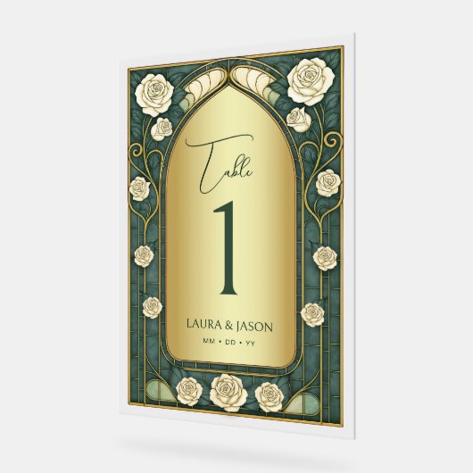 Sage Stained Glass Floral Wedding Table Number アクリルサイン (傾斜)