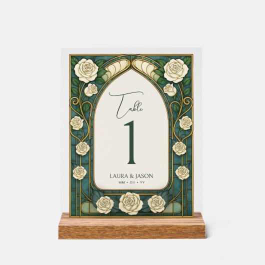 Sage Stained Glass Floral Wedding Table Number アクリルサイン (正面)