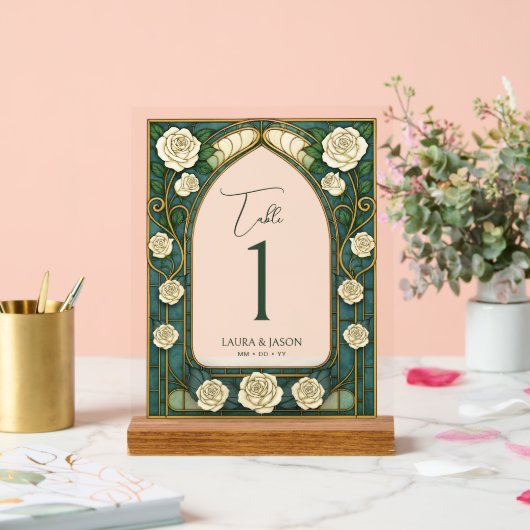 Sage Stained Glass Floral Wedding Table Number アクリルサイン (ウェディング)