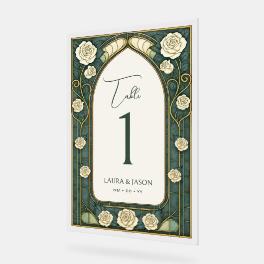 Sage Stained Glass Floral Wedding Table Number アクリルサイン (傾斜)
