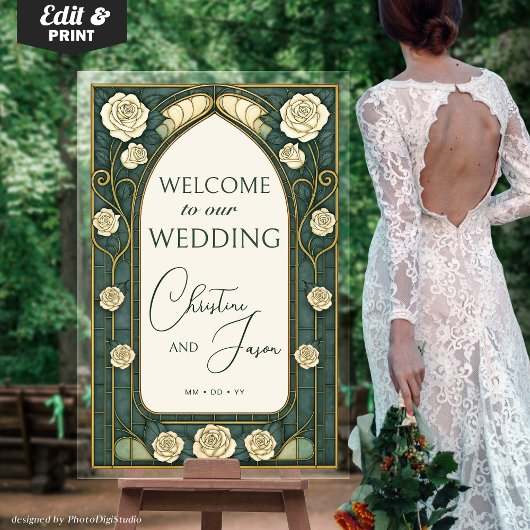 Sage Stained Glass Floral Wedding Welcome  アクリルサイン