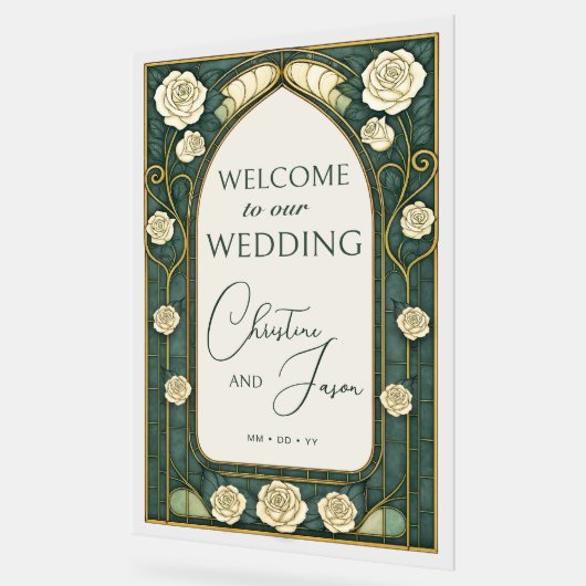 Sage Stained Glass Floral Wedding Welcome アクリルサイン (傾斜)