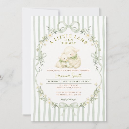 Sage Stripe Little Lamb Baby Shower Invitation 招待状 (正面)