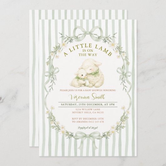Sage Stripe Little Lamb Baby Shower Invitation 招待状 (正面/裏面)