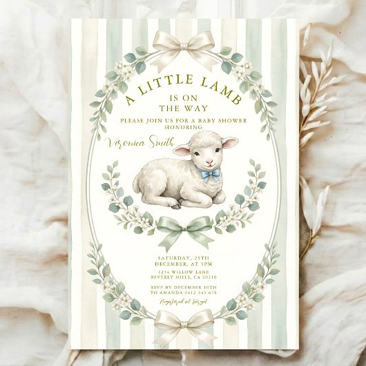 Sage Stripe Little watercolor Lamb Baby Shower 招待状