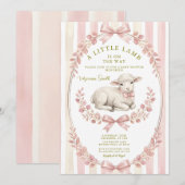 Sage Stripe Little watercolor Lamb Baby Shower 招待状 (正面/裏面)
