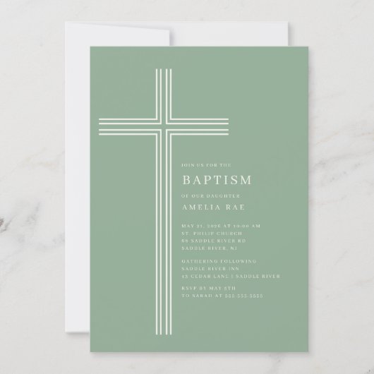 Sage Striped Cross Baptism Invitation  招待状 (正面)