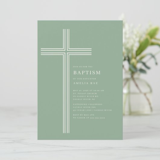 Sage Striped Cross Baptism Invitation  招待状 (スタンド正面)