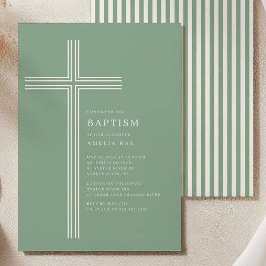 Sage Striped Cross Baptism Invitation  招待状