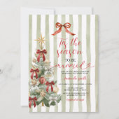 Sage Stripes Red Bow Christmas Tree Couple Wedding 招待状 (正面)