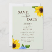Sage Sunflower Wedding Flat Save The Date Card セーブザデート (正面)