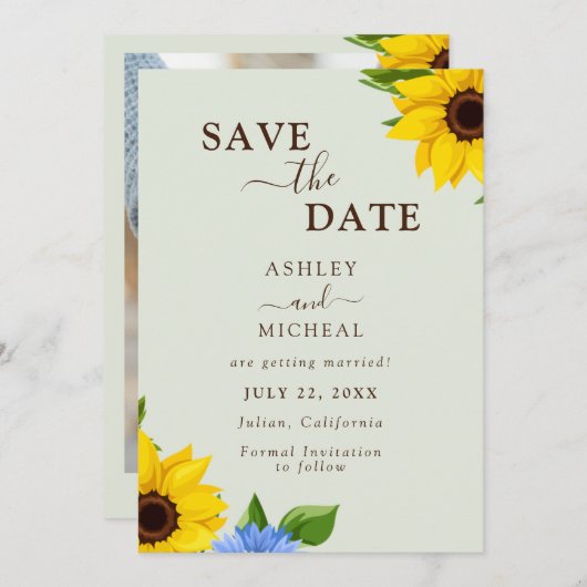 Sage Sunflower Wedding Flat Save The Date Card セーブザデート (正面/裏面)