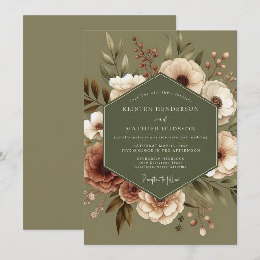 Sage Terracotta Bloom Wedding 招待状 (正面/裏面)