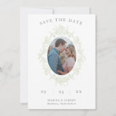 Sage Toile Floral Frame Photo QR Code Wedding セーブザデート (正面)