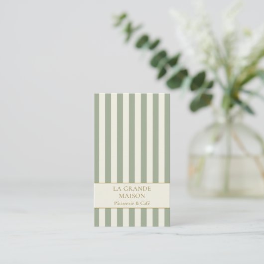 Sage Vertical Stripes French QR Code Bakery 名刺 (スタンド正面)