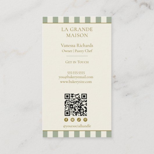 Sage Vertical Stripes French QR Code Bakery 名刺 (裏面)