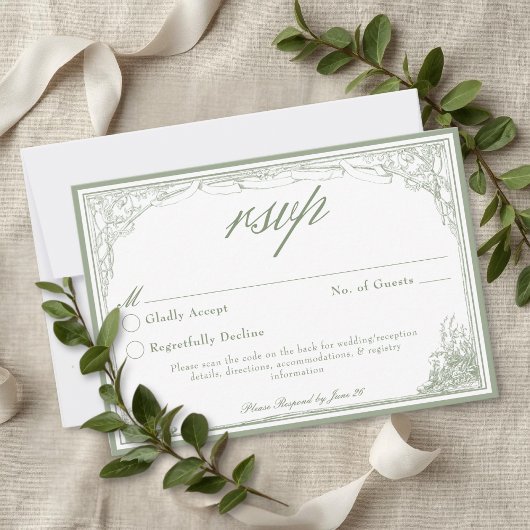 Sage Vintage Botanical Trellis Arch ウェディングQR 出欠カード