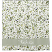 Sage Watercolor French Country Olive Name Monogram シャワーカーテン (正面)