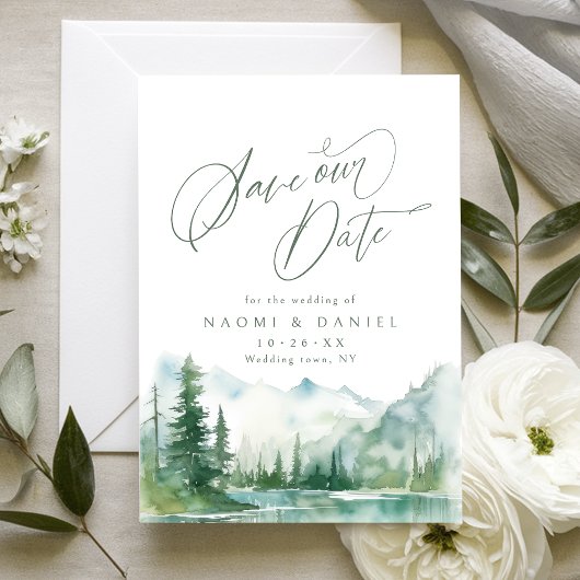 Sage Watercolor Mountain Forest Rustic Wedding セーブザデート