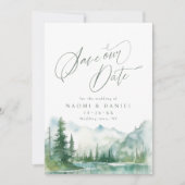 Sage Watercolor Mountain Forest Rustic Wedding セーブザデート (正面)