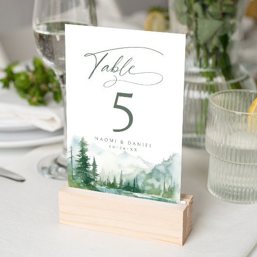 Sage Watercolor Mountain Forest Rustic Wedding テーブルナンバー