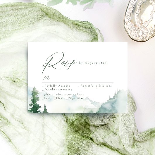 Sage Watercolor Mountain Forest Rustic Wedding 出欠カード