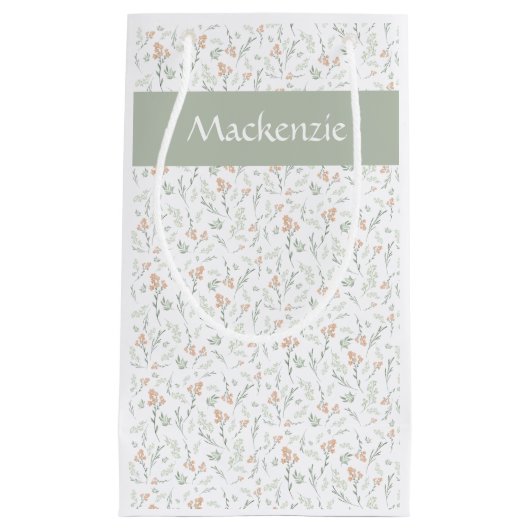 Sage Watercolor Wildflower Floral Custom Name スモールペーパーバッグ (正面)