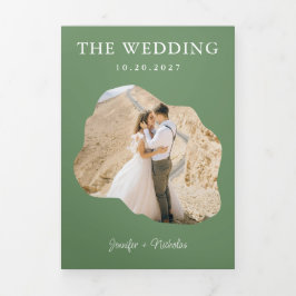 Sage Wedding RSVPモダン詳細QRコード写真 三つ折り招待状