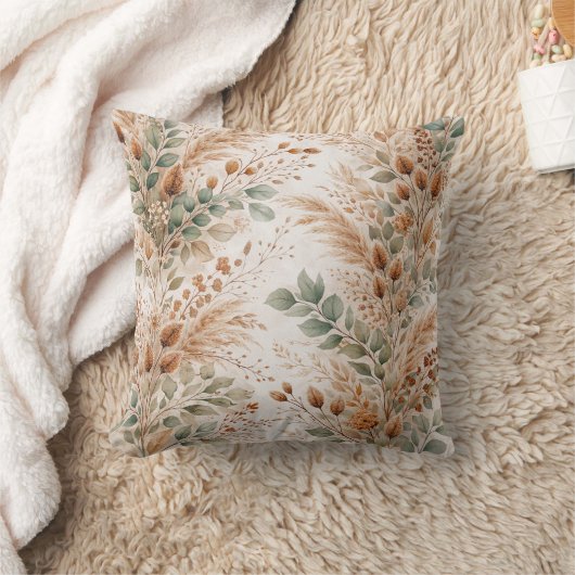 Sage & Wheat Meadow Botanical Pattern クッション (ブランケット)