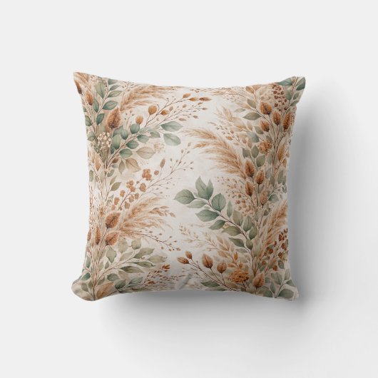 Sage & Wheat Meadow Botanical Pattern クッション (正面)