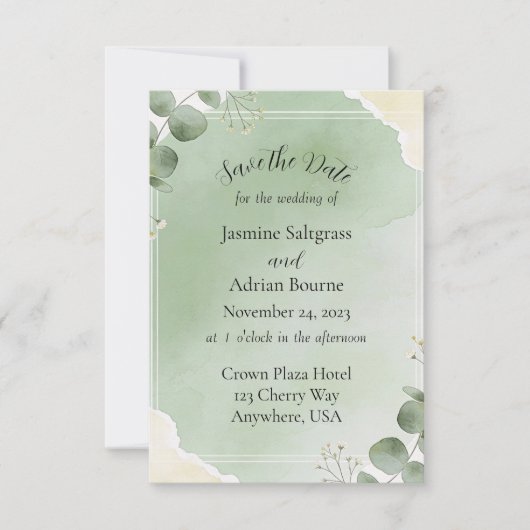 Sage Whisper Botanical Save the Date Cards セーブザデート (正面)