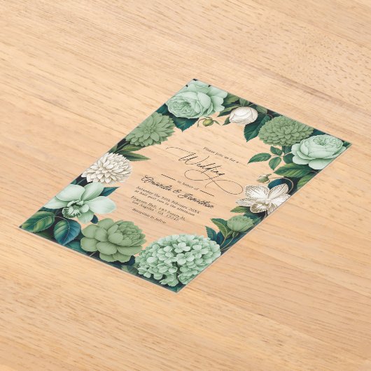 Sage Whisper, Linen Ivory & Olive Mist Wedding アクリル招待状 (レイダウン)