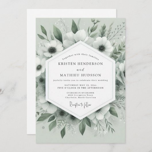 Sage Whispering Anemone Wedding 招待状 (正面/裏面)
