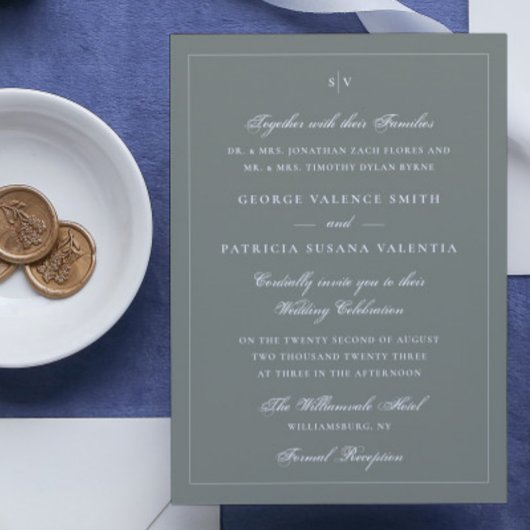 Sage White Framed Monogramエレガントのサ結婚イト 招待状