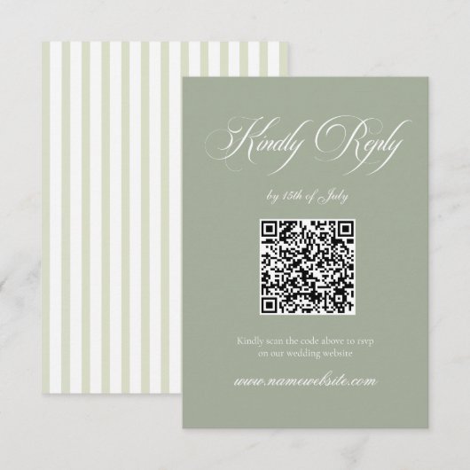 Sage & White Striped Classic Wedding QR Code 出欠カード (正面/裏面)