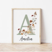 Sage Wildflower Boho Girl Nursery Name Monogram  ポスター