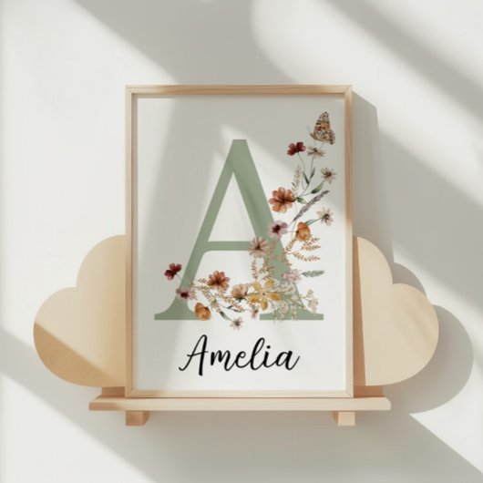 Sage Wildflower Boho Girl Nursery Name Monogram  ポスター