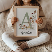Sage Wildflower Boho Girl Nursery Name Monogram  ポスター