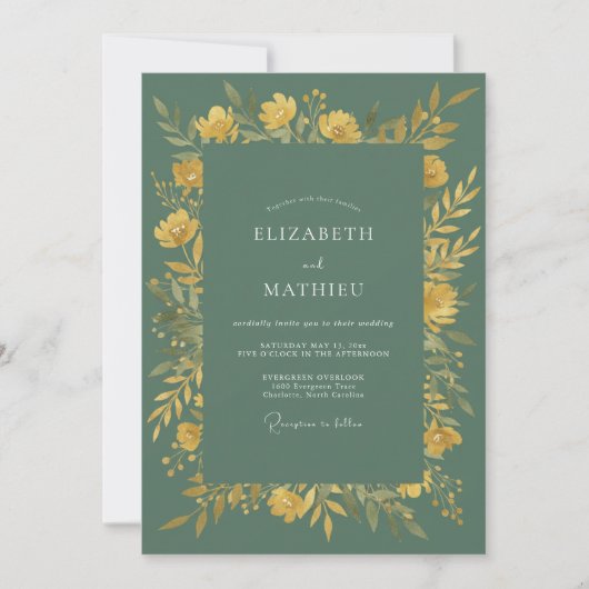 Sage Yellow Floral Flourish Wedding 招待状 (正面)